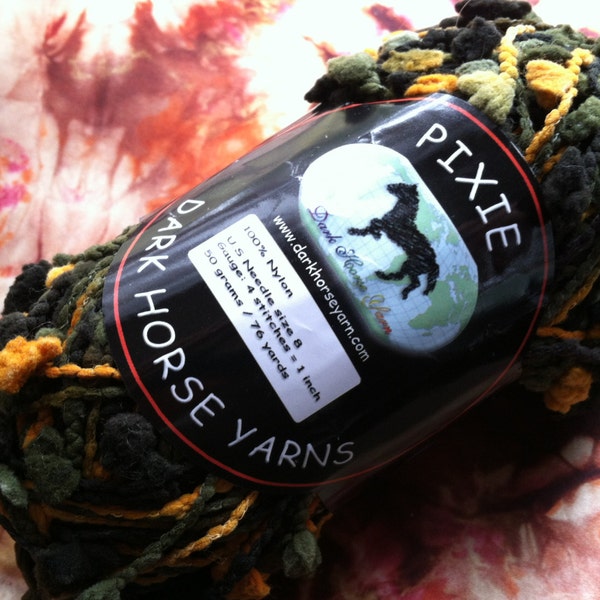 Dark Horse Yarns Pixie #104 Camo Green Orange Black Pouf Pom Pom on Cord Yarn 50 Gram 76 yards