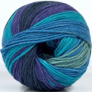 May include: A ball of yarn with blue, teal, and purple stripes. The yarn is wound into a ball shape and is ready to be used for knitting or crocheting.
