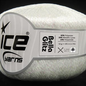 White Iridescent Bella Glitz Yarn 82388 Ice Yarns Metallic Chainette Polyester, Nylon Metallic Lurex, Sport Weight 50gr 213yd