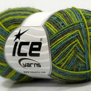 L&#39;il Sock Yarn Green Teal Grey Ice #71217 Superwash Wool, Nylon 50gr 218yd Self-Striping Sale Sock Yarn