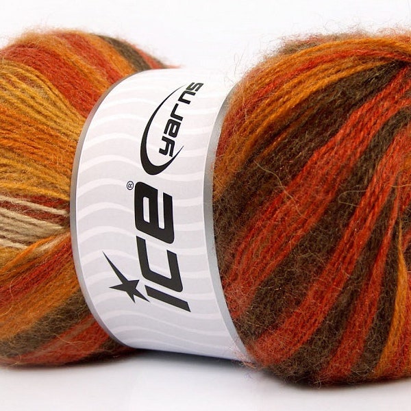 Mohair Magic Yarn 50294 Ice Yarns Brown, Copper, Orange, Cream SelfStriping Fine Weight Acrylic Mohair Wool 3.53 oz (100gr) 601 yds (550 m)