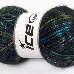 Glam Universe #64598 Salbei Garn Oliv Marine Türkis Teal Blues Grüntöne Metallic Glanz Fuzzy Wolle Nylon Mischgarn 100 Gramm, 250 Meter