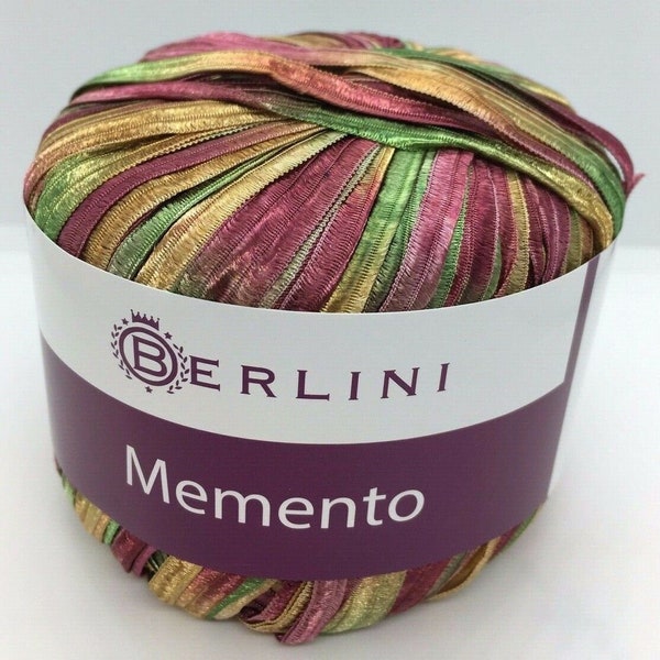 Memento - Berlini Ribbon Yarn #113 Fall Herbs - Burgundy, Green, Honey-Gold - 3/8" Wide, 50 Grams, 88 Yards