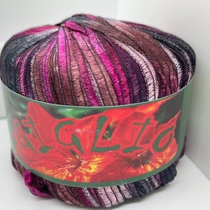 Knitting Fever KFI Giglio Ribbon Yarn #41 Variegated Pink Brown Black Pin-striped Space-Dyed 50 gram (1.76 ounces) 99 yards 1/4&quot; wide