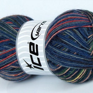 Rainy Day Sock Yarn #74111 Ice Yarns Colorway Sock Superwash Wool Nylon - 437 Yards Self Striping Machine Washable Blues Green Red Black +