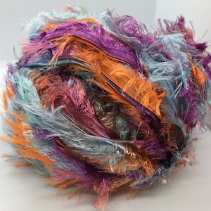 Pergamon #65299 Ice Wide Short Eyelash Edged Yarn, Nylon, 50 Gram, 54 Yards - Orange Purple Mint Blue Feather Boa Ribbon Yarn