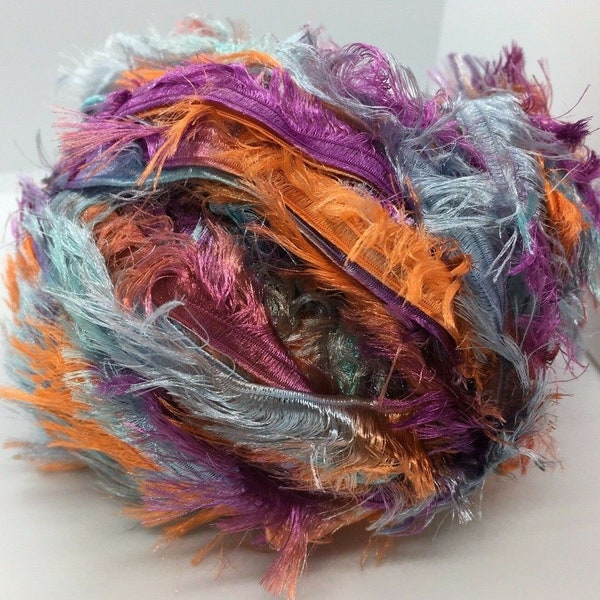 Pergamon #65299 Ice Wide Short Eyelash Edged Yarn, Nylon, 50 Gram, 54 Yards - Orange Purple Mint Blue Feather Boa Ribbon Yarn