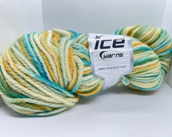 Organic Wool Bulky Hand Paint Yarn 78821 Ice Yarns 100gr 131yds Blue Ochre Green Cream