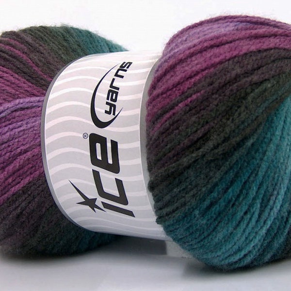 100 gram Magic Light #55952 Teal, Turquoise, Lilac, Mauve & More Ice DK Acrylic Yarn 393 yards Self-Striping Yarn