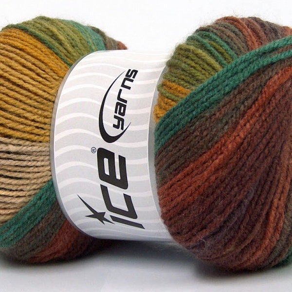 100 gram Magic Light #55954 Rust, Sage, Beige, Teal, Gold - Southwestern palette - Ice DK Acrylic Yarn 393 yards Self-Striping Yarn