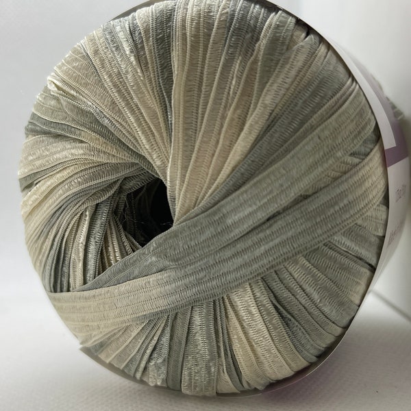 Memento - Berlini Ribbon Yarn #74 Platinum Pearl - Greys, Cream - 3/8" Wide, 50 Grams, 88 Yards