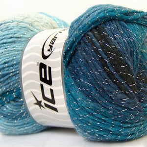 May include: A skein of blue and silver yarn with a white label that says "ICE yarn".