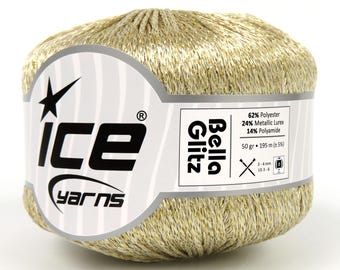 May include: A ball of gold metallic yarn called "Bella Glitz" by Ice Yarns. The label states the yarn is 62% polyester, 24% metallic lurex, and 14% polyamide. It weighs 50 grams and is 195 metres long. The recommended needle size is 3-4 mm (US 3-6).