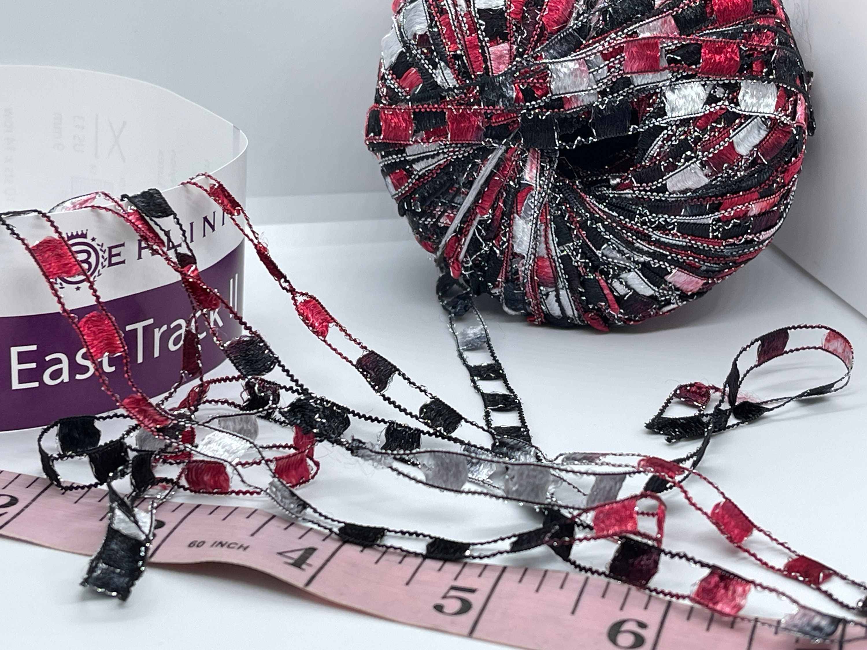 Berlini Ladder Ribbon Maxi Yarn #156 Manhattan | Black, Red, Grey Color Block - 50g, 98 Yards