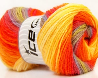 100 gram Magic Light #22036 Yellow, Orange, Green, Taupe + Ice DK Acrylic Yarn 393 yards Self-Striping Yarn