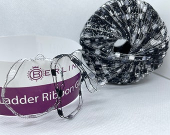 Berlini Ladder Ribbon Glitter Yarn #140 Zebra - Black, White with Silver Metallic Accent 50gr 142yds Skinny Metallic Glitz Ladder Yarn