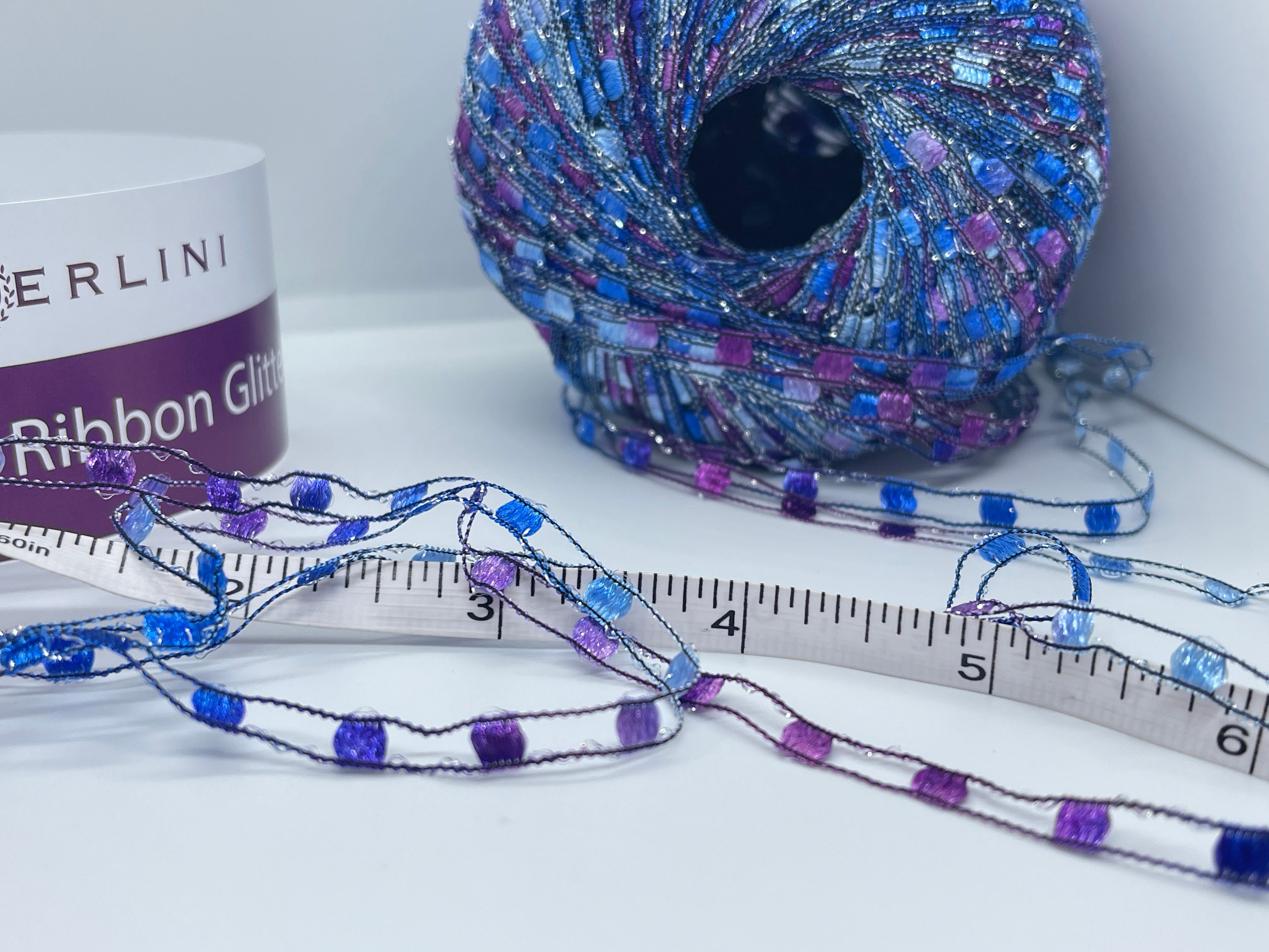 Berlini Ladder Ribbon Glitter Yarn - Blue Iris Color With Silver Metallic, 142 Yards 50g Ball