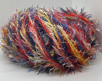 Hilo de pestañas Mauna Loa colorido n.° 33980, azul, rojo, amarillo, arena, 50 gramos, 82 yardas, exótico hilo de piel sintética multicolor