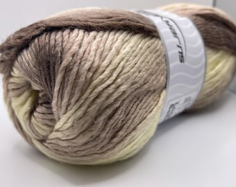 Hilo Lana Bella 82259 amarillo pálido, beige y marrón Ice Yarns, mezcla de lana merino, rayado DK, 100 gramos, 273 yardas