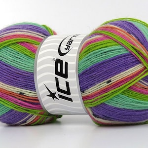 Smart Sock Yarn Ice #80088 Purple Mint Green Pink Orange White Black Superwash Wool & Nylon 100 Grams, 437 Yards
