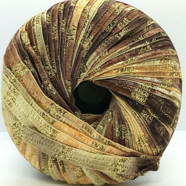 Memento Royale - Berlini Glitter Ribbon Yarn #95 Cubs - Browns with Gold Glitter - 3/8" Wide, 50 Grams, 88 Yards