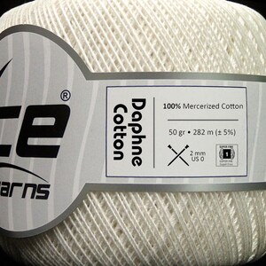 White Daphne Cotton Crochet Thread 49527 Ice Yarns 100% Mercerized Cotton Thread 50 grams (1.76 ounces) 282 meters (308 yards)