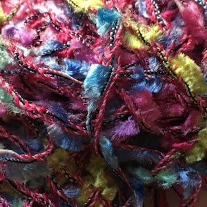 Puede incluir: Primer plano de un hilo multicolor con textura peluda. El hilo es una mezcla de rosa, azul, amarillo y verde.