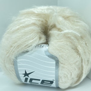 May include: A ball of off-white yarn with a label that says "ICE" and has a star logo.