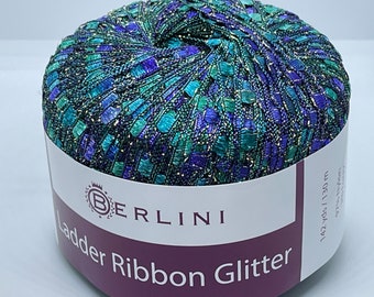 Berlini Ladder Ribbon Glitter Yarn #166 Sea Maiden - Purple Teal Green with Gold Accent - 50 grams - 142 Yards