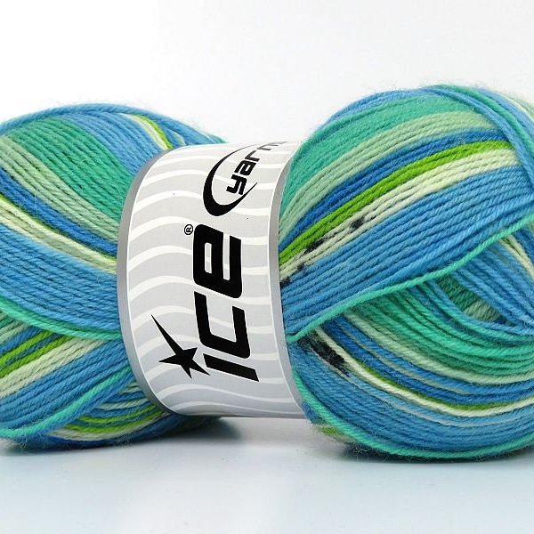 Smart Sock Yarn Ice #80087 Blue Green White Black Superwash Wool & Nylon 100 Grams, 437 Yards