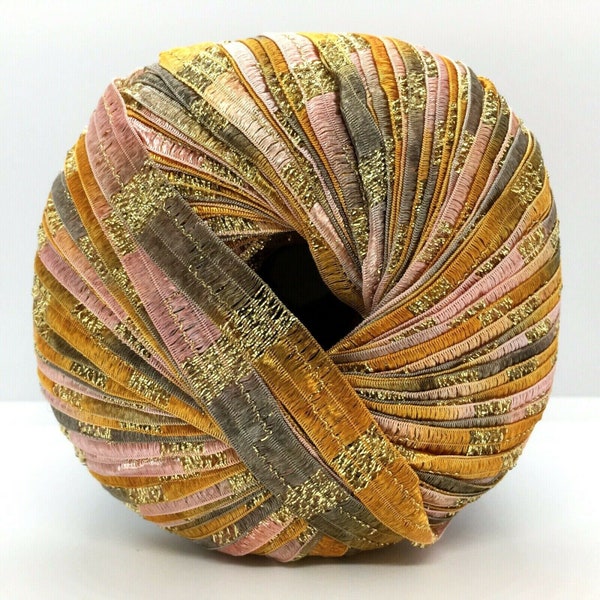 Memento Royale - Berlini Glitter Ribbon Yarn #114 TriColor Gold - Copper, Pink, Grey with Gold Glitter - 3/8" Wide, 50 Grams, 88 Yards