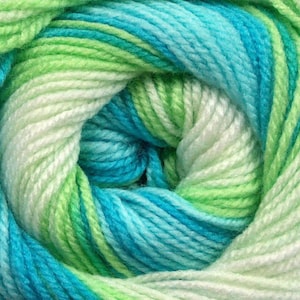May include: A skein of yarn in a blue, green, and white color gradient. The yarn is soft and fluffy, and it is perfect for knitting or crocheting.