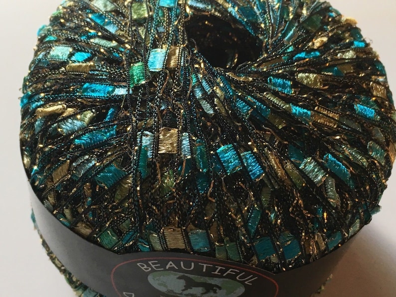 Seashore Glitz Ladder Ribbon Yarn Dark Horse Beautiful #S103 Blue Gold Metallic