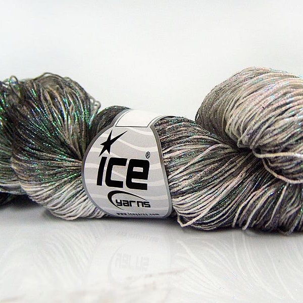 Black White with iridescent Green Pink Spray Paint Metallic Cotton Yarn 66853 Fine, Sport Weight High Shine 100 grams 306 yards