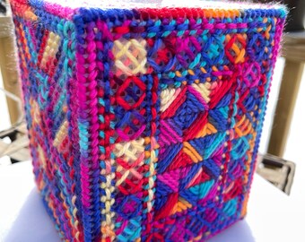 The Mosaic Tissue Box Cover Hand Stitched on Plastic Canvas - Bonnie's Boxes #SP8 Red Blue Orange Pink