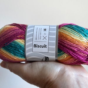 May include: A skein of multi-coloured yarn in shades of pink, orange, yellow, and teal. The yarn is labelled "Biscuit" and is 100% premium acrylic. The label also includes needle size recommendations.