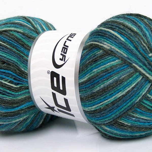 Hilo de bambú para calcetines - Turquesa, azul y gris - Mezcla de lana merino, bambú y nailon superlavado - 100 gramos, 459 yardas