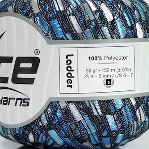 May include: A skein of blue, silver, and black yarn labeled "Ice Yarns Ladder" with the text "100% Polyester, 50 gr - 150 m (± 5%), X 4 - 5 mm / US 6 - 7".
