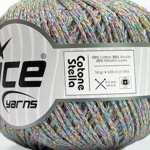 Cotone Stella Rainbow Light Grey, Gold, Pink, Blue Yarn 55304 Ice Yarns DK Weight Metallic Cotton Blend 50 Grams (1.75 oz) 120 m (131 yards)
