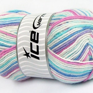 Blue Lilac Pink White DK Design Yarn - Ice #58425 Acrylic Wool Blend Self-Patterning Yarn 100 Gram, 284 Yards