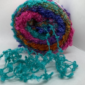 Filato Fun Cake Boucle in rame turchese viola rosa 77244, acrilico poliestere mohair nylon, con centro a strappo (1) 150 g (5,29 oz) 300 m (328 iarde)