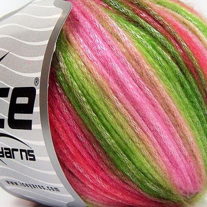 Strawberries & Limes - Pinks and Greens Picasso Ice Yarns 66606 Self-Striping Fuzzy with Subtle Sheen, Polyester, Acrylic 50gr 125yd