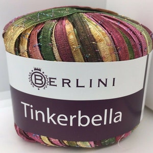 Tinkerbella Berlini Wide Ribbon Yarn - 50 Gram, 33 Yards, 5/8&quot; wide - #113 Fall Herbs - Burgundy Green Gold with Glitter Zig Zag accent