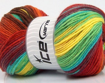 100 gram Magic Light #55958 Red, Orange, Wine, Blue, Green, Yellow - Ice DK Acrylic Yarn 393 yards Self-Striping Yarn