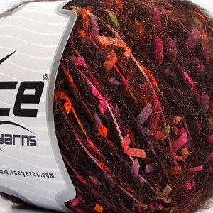 Forest Fantasy Flag Blend Yarn - Ice 69880 Fuzzy Brown, Hint of Copper with Neon Pink Orange Yellow Flags - 50 grams 82 yards
