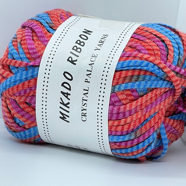 Crystal Palace Mikado Ribbon Yarn #7302 Fireworks - Red Pink Blue Cotton Blend 50 gr 112 yds