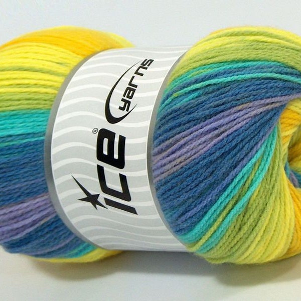 100 gram Magic Light #71515 Blue Yellow Lilac Green and more Ice DK Acrylic Yarn 393 yards Pastel Medley Self-Striping Yarn