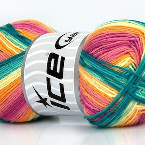 May include: A skein of multi-coloured yarn with stripes of pink, orange, yellow, and teal. The yarn is labelled "ICE Yarns" and is wrapped around a white label with a silver star.