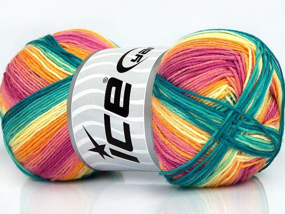 Teal, Rose, Orange, Yellow Biscuit Fine Weight Self-Striping Yarn 77497 Ice Yarns 100 Gram (3.53 oz) 350 meters (382 yards) Micro Acrylic