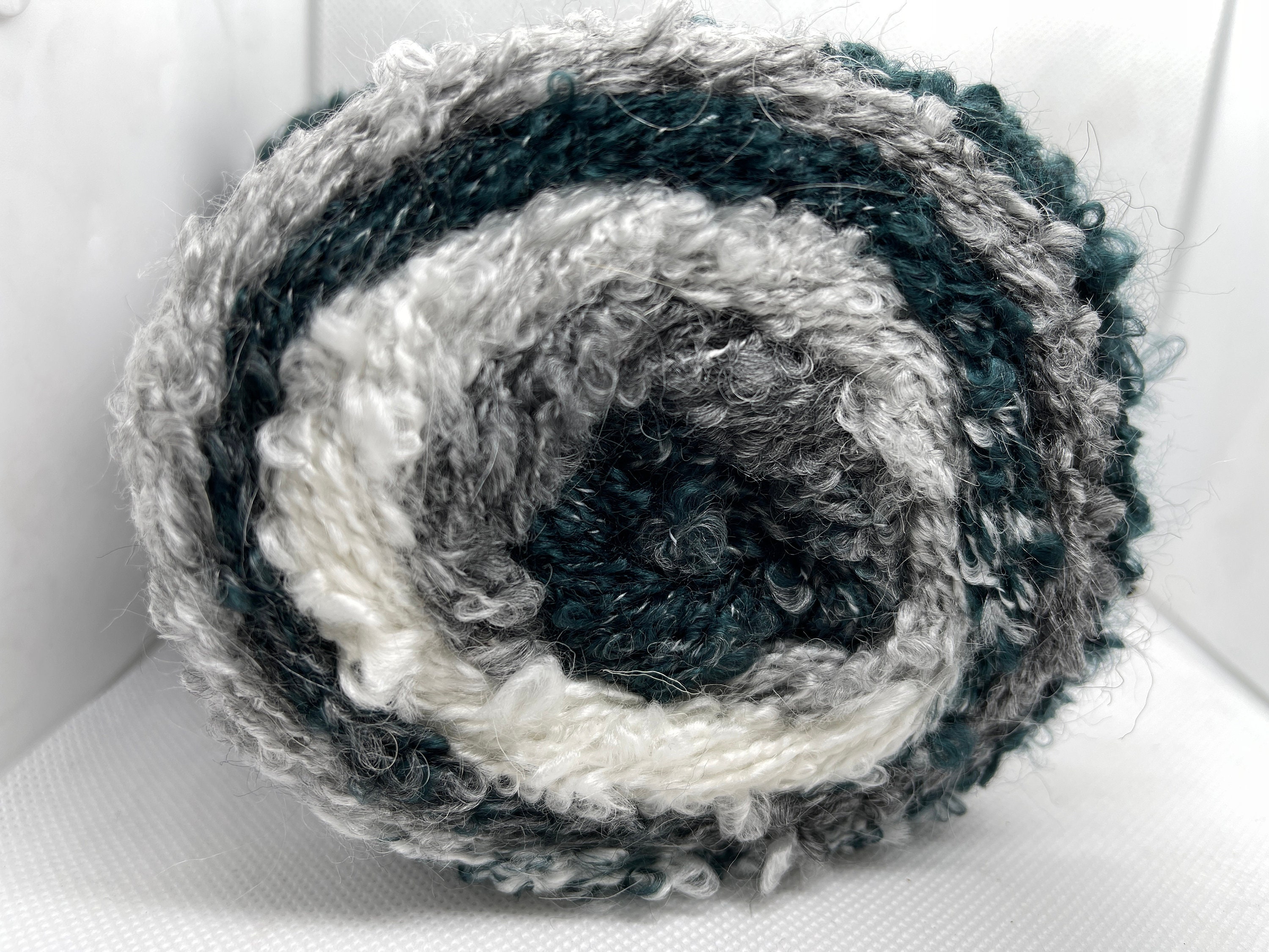 Cakes Boucle Fun White, Light Grey, Oil Blue, Closeout Yarns